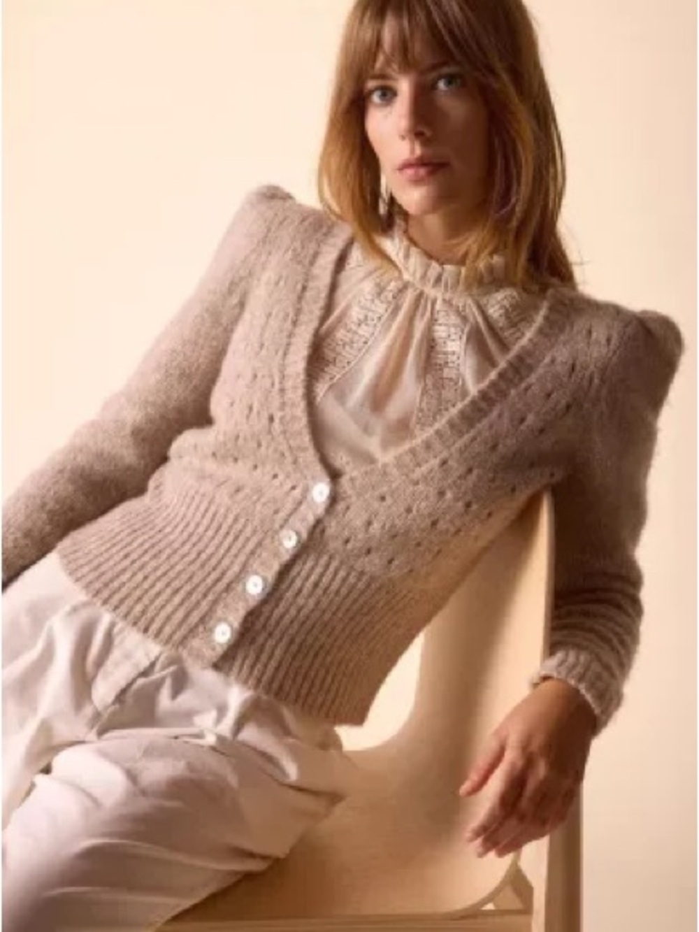 St. Roche Sissy Cardigan Baby Alpaca Pointelle S Oatmeal Beige